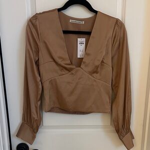 Abercrombie & Fitch Tan Silk Long Sleeve Blouse